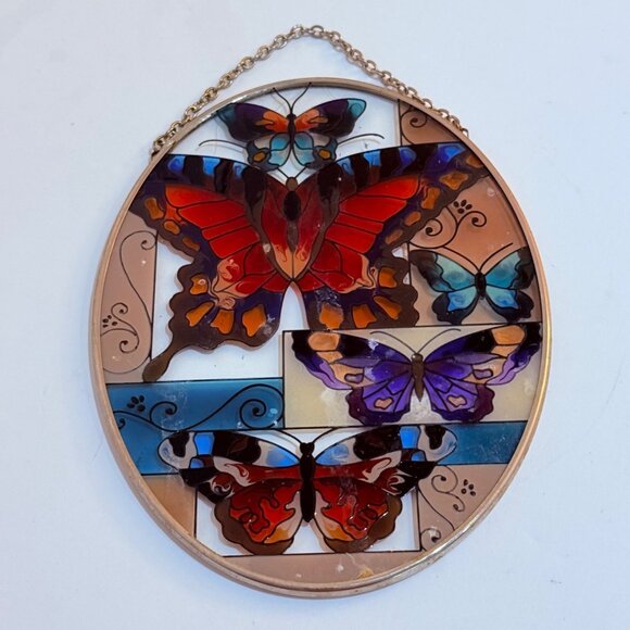 Butterfly Stained Suncatcher Decorative Window Art Oval Hanging VTG Home Swirl - Picture 1 of 12